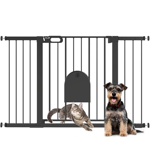 PawHut Barrera de Seguridad para Perros Extensible 75-131 cm, para Puertas y Escaleras, Barrera para Perros con Puerta Pequeña, 3 Extensiones, Montaje a Presión y Doble Bloqueo, Negro