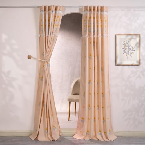 Image of Tranquebar Curtain Co. Window Curtains 6 Feet, 60-65% Room Darkening, Peach Floral Print, Cotton Curtains for Window, Cotton Curtains 6 Feet Long Set of 2, BackTab Loops, Taj (183 cm) - Set of 2