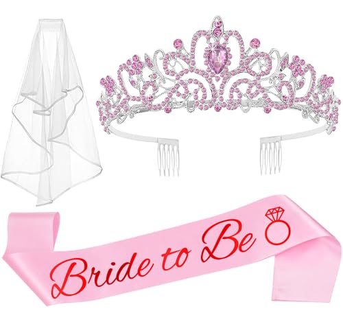 JETKONG 3 Pcs Bachelorette Party Decorations Bridal Shower Crown, Bride to Be Sash&Veil for Women Bachelorette Party Gifts, Bachelorette Party Supplies, Gifts, Favors (Pink)