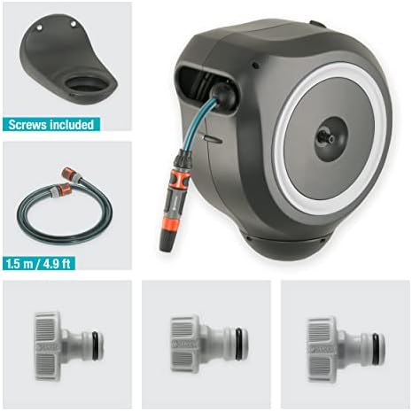 Gardena Wall-Mounted Hose Box RollUp M 20 m: Flexible watering for medium-sized gardens, swivel hose reel, with wall bracket, system parts and nozzle, including 20 m hose (18612-20)