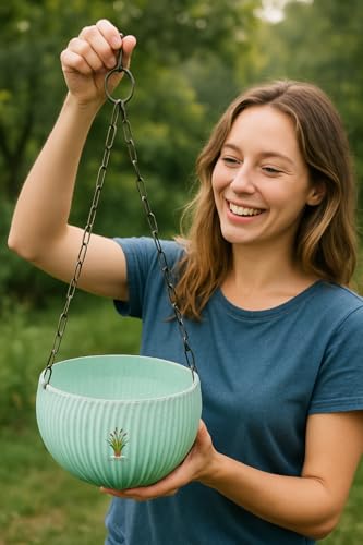 Image of Hanging Flower Pots with Chain - Set of 4 | Eco-Friendly White Plastic Planters for Balcony, Indoor & Outdoor Use | Round Ribbed Design (Light Blue 4 Pieces)