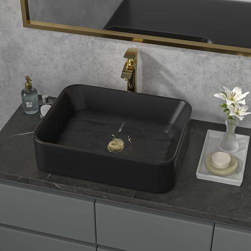 Sarlai Bathroom Vessel Sink - 19\"x15\" Modern Bathroom Sink Rectangular Above Counter Black Porcelain Ceramic Bathroom Vessel Vanity Sink Art Basin