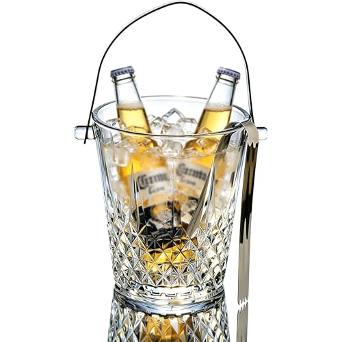 1L Crystal Glass Ice Bucket with Handle & Ice Tongs, Diamond Cut Clear Ice Bucket for Cocktail Bar, Party, Wine & Beer Chiller, Elegant Home Bar Accessories