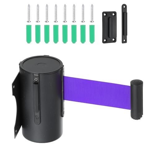 Image of PATIKIL Fixed Wall Mount Retractable Belt Barrier, 16.4 Feet Fixed Retractable Belt Barrier with Steel Case for Crowd Control Grocery Retail Store Stadium, Black/Purple