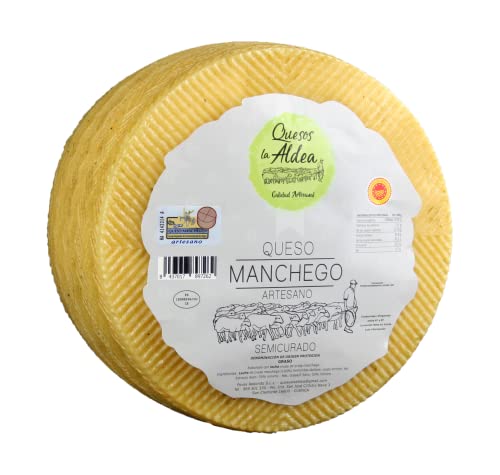 QUESOS LA ALDEA | Queso Artesano Manchego de Oveja Semicurado | D. O. La Mancha | Medio queso 1,5 kg | Kits y Packs de Quesos | Cajas Degustación y Gourmet | Disponible: Entero, en Cuartos o Mitades