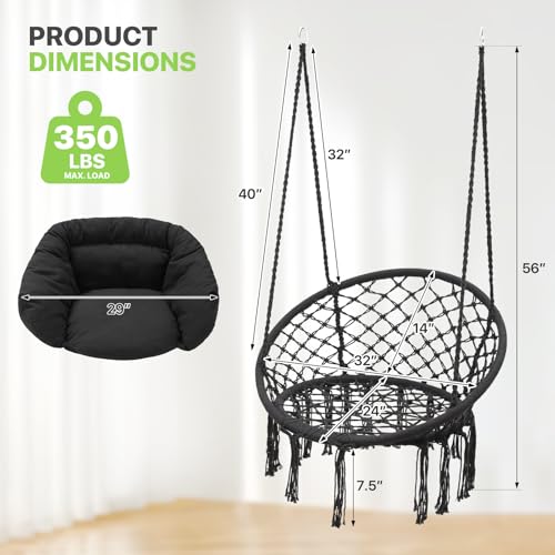 Magshion Hanging Hammock Chair with Cozy Full Cushion Offer Extra Support, Backyard Hanging Macrame Swing Chair for Porch, 350 Lbs Capacity, Comfortable Hammock for Relaxation and Enjoyment (Black)