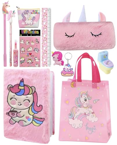 Image of TOOYEP 15 Pcs Unicorn Gift Combo Set For Girls Kids Unicorn Theme Gift Bag Stationery Set Age 6-8 Years 10-12 Year I Diary, Stickers, pen, pouch, scale, badge, Eraser, Wallet & Carry Bag (Green)