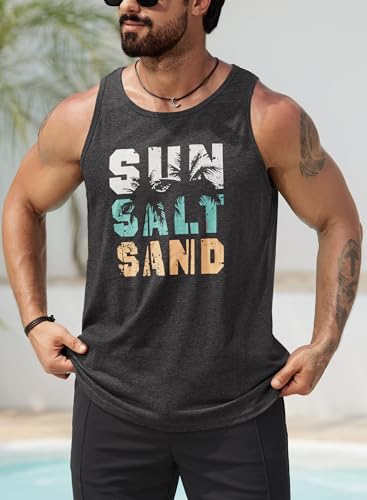 Image of VOGSTART Men's Sun Salt Sand Tank Beach Stylish Shirt Workout Top Graphic Hawaii Tropical Cotton Hawaiian Tank Grey XXL