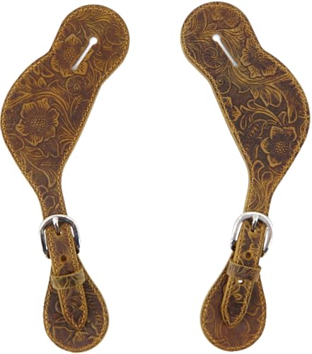 Jeereal Leather Western Spur Straps for Cowboy | Men and Womens Boots Equipment | Double Ply Reinforced Stitching Spur Straps (Bourbon Brown | Pattern)