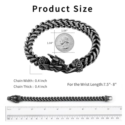 Viking Dragon Bracelet for Men, 316L Stainless Steel Cuban Link Chain 10mm Width, 8 Inch Length, Vintage Silver/Black/Steel/Gold, Punk Norse Jewelry Gifts for Him Husband4
