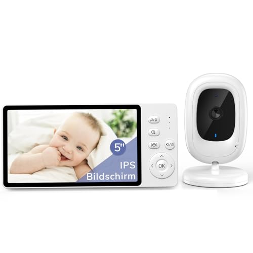 jeeber Ohne WLAN 5' IPS Babyphone mit Kamera, 1080P Babyphone, HDR Nachtsicht, VOX Modus & 3X Zoom, Zwei-Wege-Audio babyfon, Temperaturanzeige, 8 Schlaflieder Baby Monitor