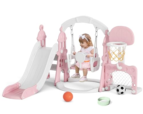Image of XJD 6-in-1 Toddler Slide and Swing Set, Kids Slide for Toddlers Age 1+, Toddler Outdoor Playset with Basketball Hoop, Football Frame, Swing, Outdoor Indoor Playground for Toddlers 1-3 (Pink)