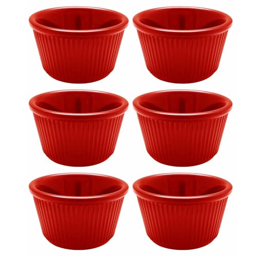 6 Mini Ramekins Red Melamine Condiment Bowl Souffle Dish Saucer Cups BPA Free 1.5oz Small Condiment Container Fluted Durable Dining Kitchen Essential Custard Syrup Dipping Sauce Dip Appetizer Sample