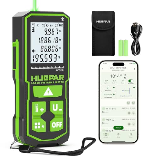 Laser Measuing Tool with Bluetooth APP, 200ft, ±1/16' High Accuracy, Huepar Rechargeable Green Beam Laser Distance Meter Multiple Measurement Modes, IP54 Durable for Home & Construction