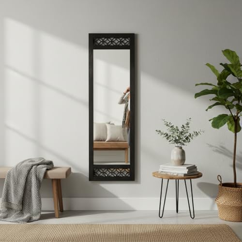 Image of APRODZ Solid sheesham Wood Full Length Floor Mirror for Bedroom Living Room Dressing Area Rectangular Mirror with Carved Sheesham Wood FrameModern Home Decor Furniture (Black)