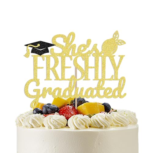 She's Freshly Graduated Cake Topper - Congrats Grad Decor, Lemon Theme 2026 Class of 2026 Graduation Party Decorations Gold Glitter by CHINGYIA - Used condition - US$6.75
