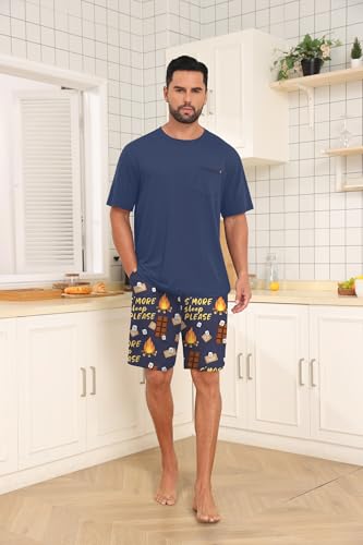 Image of Mens Pajamas Set Lightweight Summer Pjs Sleepwear Quick Dry Soft Comfy Short Sleeve Blue Choc Print With Pocket (S-4X)