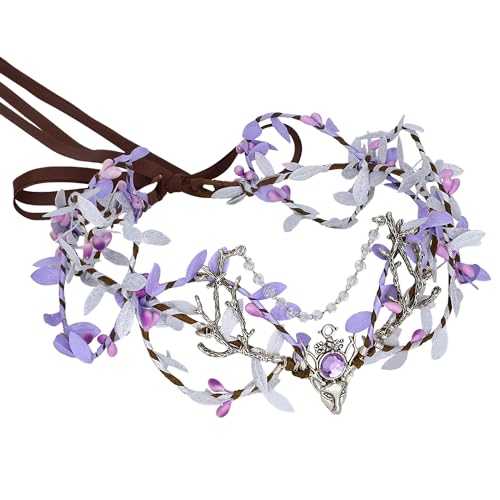 MOSTORY Handmade Purple Woodland Fairy Headpiece - Elf Crown Forest Antler Circlet Silver Branch Wreath with Rhinestone for Princess Party Renaissance Faire Halloween Prom Cosplay