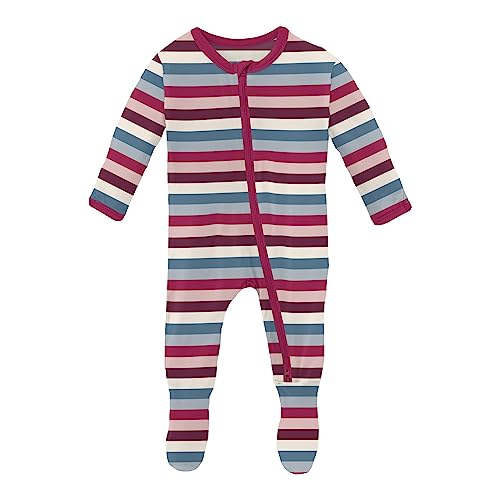 KicKee Print Footie with 2 Way Zipper, Fitted Long Sleeve Pajamas, Ultra Soft Everyday One-Piece Loungewear, Winter Celebration (Jingle Bell Stripe - 3-6 Months)