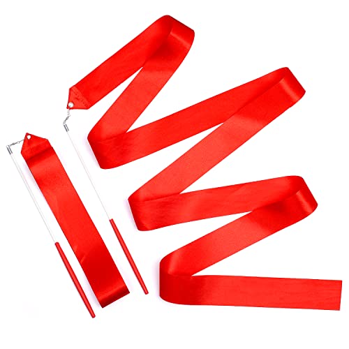 KINBOM 2 Piezas Cintas de Baile, 2 m Cinta Baile Giratoria Larga Cinta de Gimnasia para Cinta Baile Artistico de Niña Entrenamiento Fiesta, con Varita de Bailarina de Cinta (Rojo)