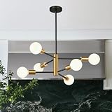 11'-52' Height Adjustable Chandelier Dining Room Light Fixture, 6-Light Modern Sputnik Chandeliers Brushed Gold and Black Mid Century Chandelier Over Table, Chandeliers for Dining Room Living Room