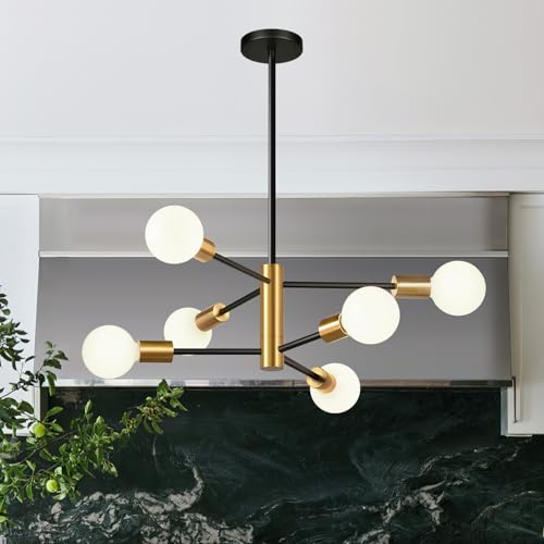 11"-52" Height Adjustable Chandelier Dining Room Light Fixture, 6-Light Modern Sputnik Chandeliers Brushed Gold and Black Mid Century Chandelier Over Table, Chandeliers for Dining Room Living Room