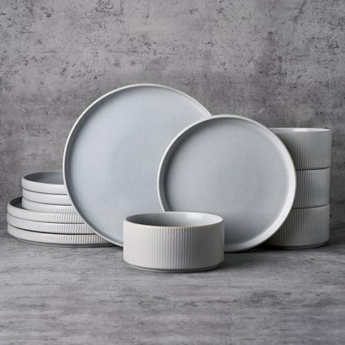 Image of Famiware Star 12-Piece Stoneware Dinnerware Sets, Service for 4 - Handcrafted Reactive Glaze Plates and Bowls, Modern Rustic Dishes, Chip & Scratch Resistant, Microwave & Dishwasher Safe, Matte Gray