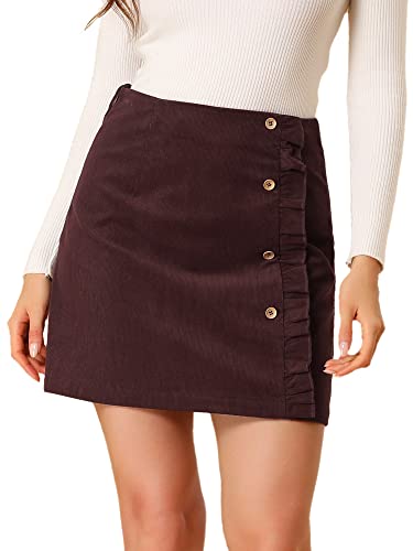 Allegra K Women's Corduroy Vintage Button Decor Ruffled Trim High Waist Short Skirt X-Large Burgundy #TOP17