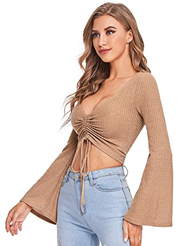 Image of SweatyRocks Women's Adjustable Drawstring String Long Bell Sleeve Rib Knit Sexy Crop Top Camel XS