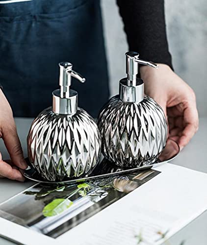 Magnitt 13.5 Oz Ceramics Creative Countertop Soap Dispensers With Pump, Refillable Hand Soap Dispenser, Premium Lotion Soap Dispenser For Bathroom, Kitchen, Bedroom, Vanity (Silver,2Pc Set With Tray) #TOP2