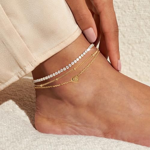 YANODA Personalized 14K Gold Plated Ankle Bracelets for Women - Dainty Waterproof Heart and Letter Tennis Anklets for Chic Layered Style - Image 3