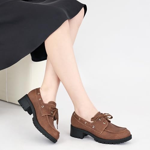 Image of Ablanczoom Platform Oxford Shoes for Women : Lace Up Women's Platform Chunky Loafers with Lug Sole Dress Shoes for Work Business Brown