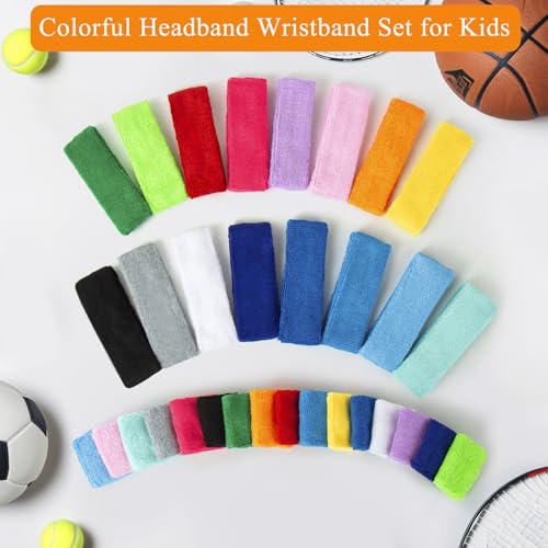 Image of 48PCS Neon Sweatbands, Colorful Sport Headband Wristband Set for Kids, Breathable Terry Cloth Athletic Sweat Bands for Basketball Tennis Running Football, Multicolor