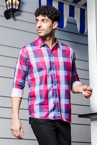 Image of IndoPrimo Men's Cotton Shirt with Spread Collar Neck Line Checks Printed Pattern Half Sleeves Regular Fit Western Style and Standard Length