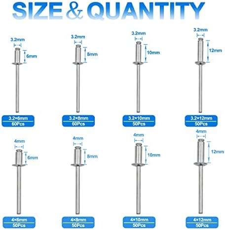 BESTYCHAO 420pcs 8 Sizes Aluminum Blind Rivets, M3.2 M4 Pop Rivets Assortment Kit (Silver)