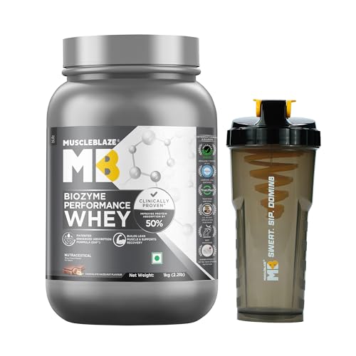 Image of MuscleBlaze Biozyme Performance Whey Protein Powder, Chocolate Hazelnut (1kg) + Cyclone Blender Gym Shaker (700ml)
