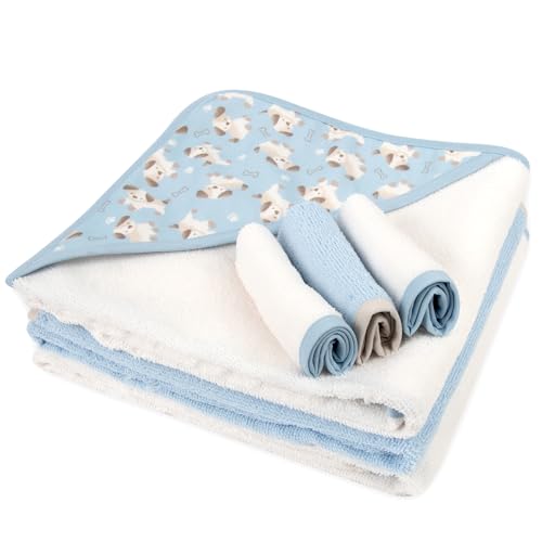 Image of Jessica Simpson 6 Piece Printed Hooded Bath Towel and Washcloth Set for Infant, Newborns and Toddlers 3 - 24 Months for Bath Time, Showers, Lounge, Beach and Pool (6 Piece Puppies Print)