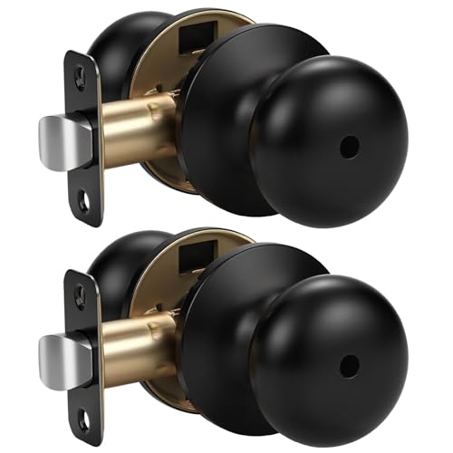 KNOBWELL 2 Pack Privacy Door Knob for Bathroom or Bedroom, Keyless Round Interior Door Knobs with Lock, Door Handle for Interior Doors, Matte Black Finish