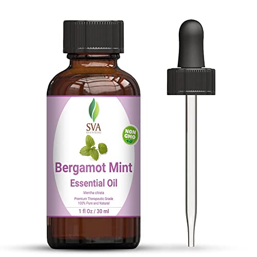SVA Bergamot Mint Essential Oil 1 Oz (30 ml) with Premium Glass Dropper - 100% Pure Natural Therapeutic Grade Oil, Great for Smooth Skin, Hair Care, Diffuser, Massage, Aromatherapy, DIY Candle & Soap