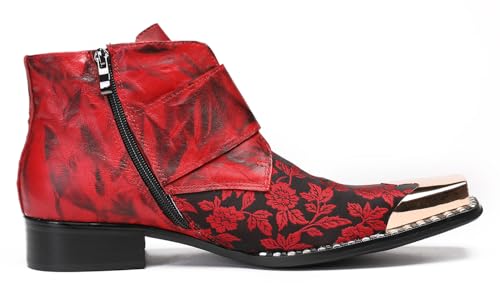 Santimon Cowboy Boots for Men Party Red Dress Casual Leather Metal Square Toe Floral Buckle Chelase Boots Mens Fashion Ankle Western Boots for Boys3