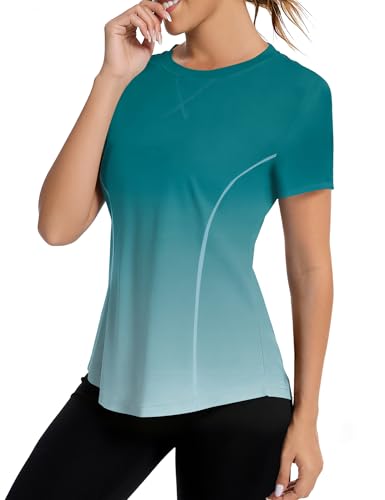 Avoogue UV Protection Shirts for Women Short Sleeve Workout Quick Dry Tops Athletic Swim Hiking Gym Tee Tops Rashguard(Blue Green Gradient,S)