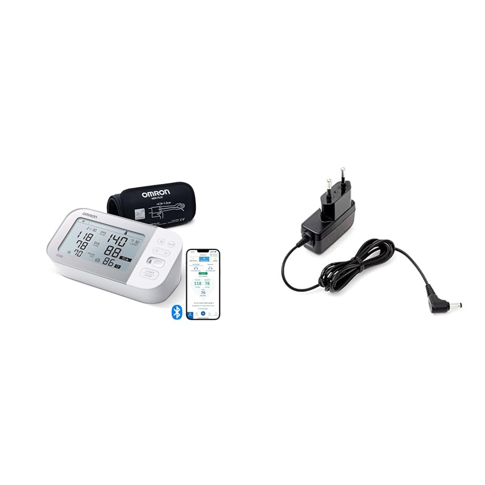 Omron Tensiómetro X7 Smart, Monitor para la presión arterial con detector de AFib y Bluetooth, para el hogar + Adaptador de corriente AC para tensiómetro M2, M3, M6, M7 y inhalador C803