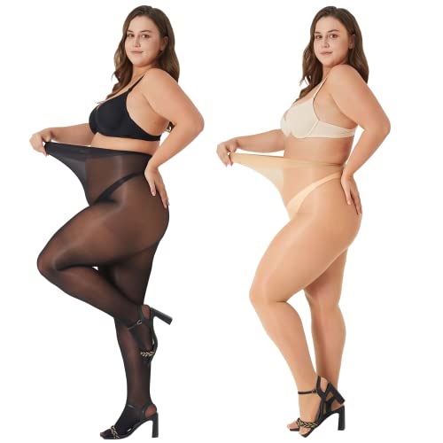 MANZI 2 Pairs Women\'s Plus Size Oil Shiny Sheer Pantyhose High Waist Shimmer Stockings Nylon Silky Tights Black and Natural XL-XXL