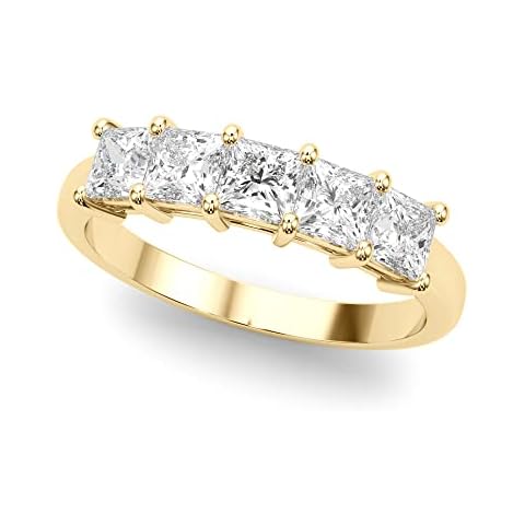 JewelMore 1.00 Carat (ctw) Diamond 5-Stone 14K Yellow Gold Princess Cut Diamond Band for Women (F-G/VS-SI) 5mm Cover
