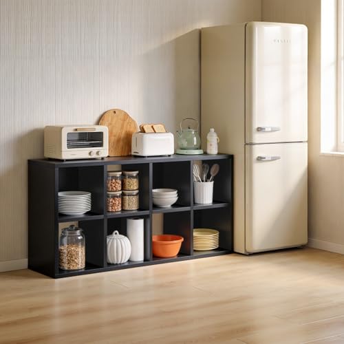 LUCKLIFE 8-Cube Storage Organizer, Stackable Modular Bookcase Shelf with Vertical or Horizontal Use, Fits 11×11″ Bins, Optional Back Panels, for Living Room, Office, Black