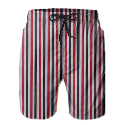 Mens Red White and Blue Striped Swim Trunks Quick Dry Summer Surf Beach Shorts with Pocket Drawstring