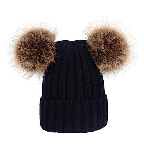 Warm Knitted Hat for Years Unisex Earflap Design with Fluffy Balls Cozy Headwear for Boys for Outdoor Activities Black