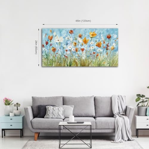 Image of Floral Canvas Wall Art Wildflowers Canvas Pictures Abstract White Daisy Landscape Painting Orange Yellow Plant Wall Artwork for Living Room Bedroom Kitchen Home Office Decor Ready to Hang 24 inch X 48 inch