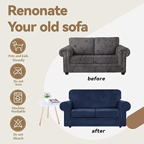 Weerrw Velvet Couch Covers For 2 Cushion Couch Sofa - High Stretch Luxury Velvet Plush 3 Pieces Sofa Slipcovers With Elastic Bottom, Furniture Protector For Pets, Machine Washable, Navy Blue, Medium #TOP4