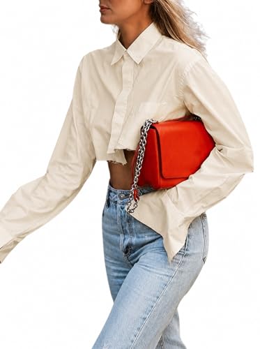 Wcuvbv Crop Blouse for Women Summer Lapel V Neck Irregular Hem Oversized Short Shirts Tunic Apricot XL — view 3